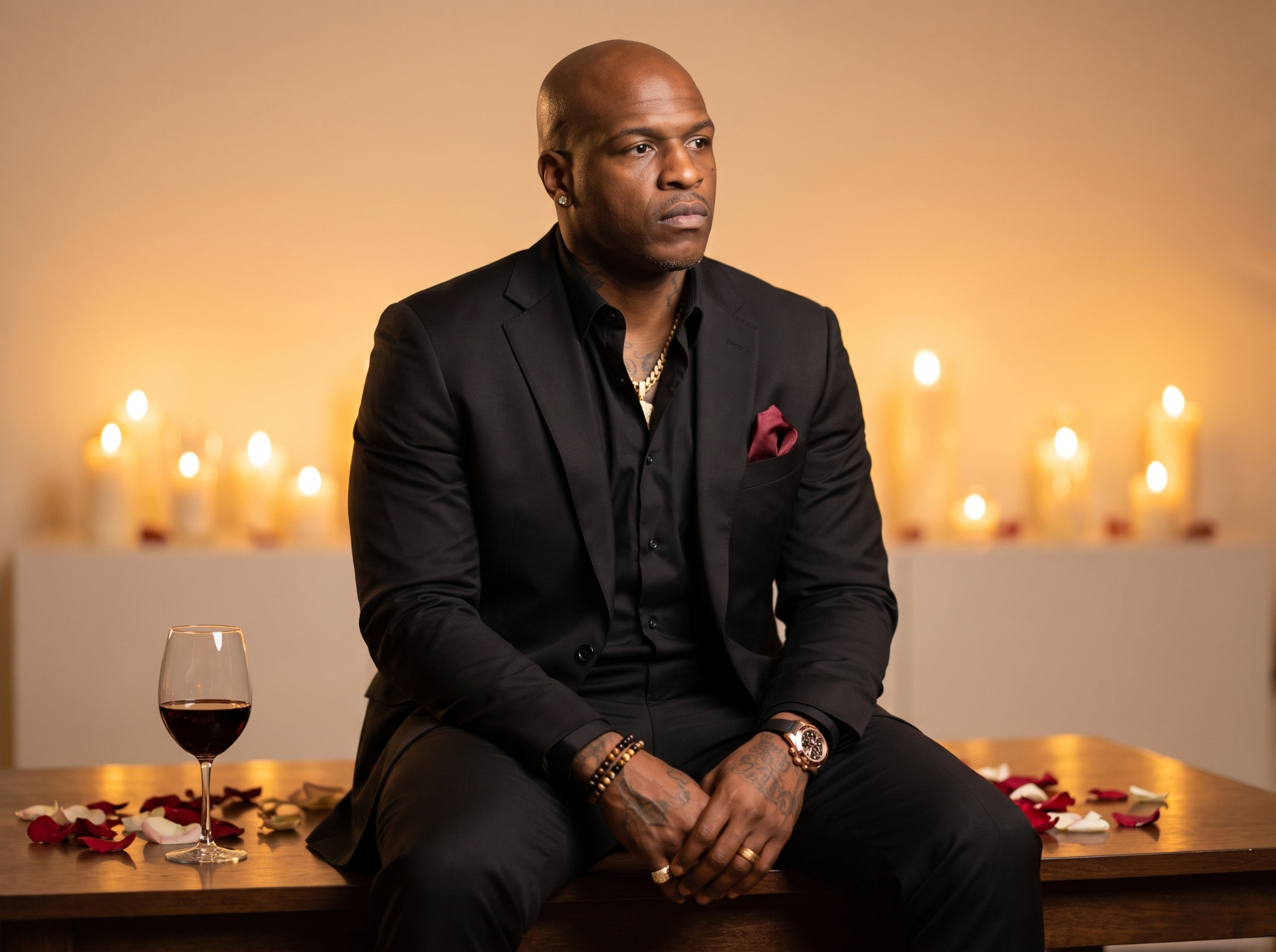 Editorial portrait of Rashad McCants in a black suit seated on a candlelit table with a glass of wine
