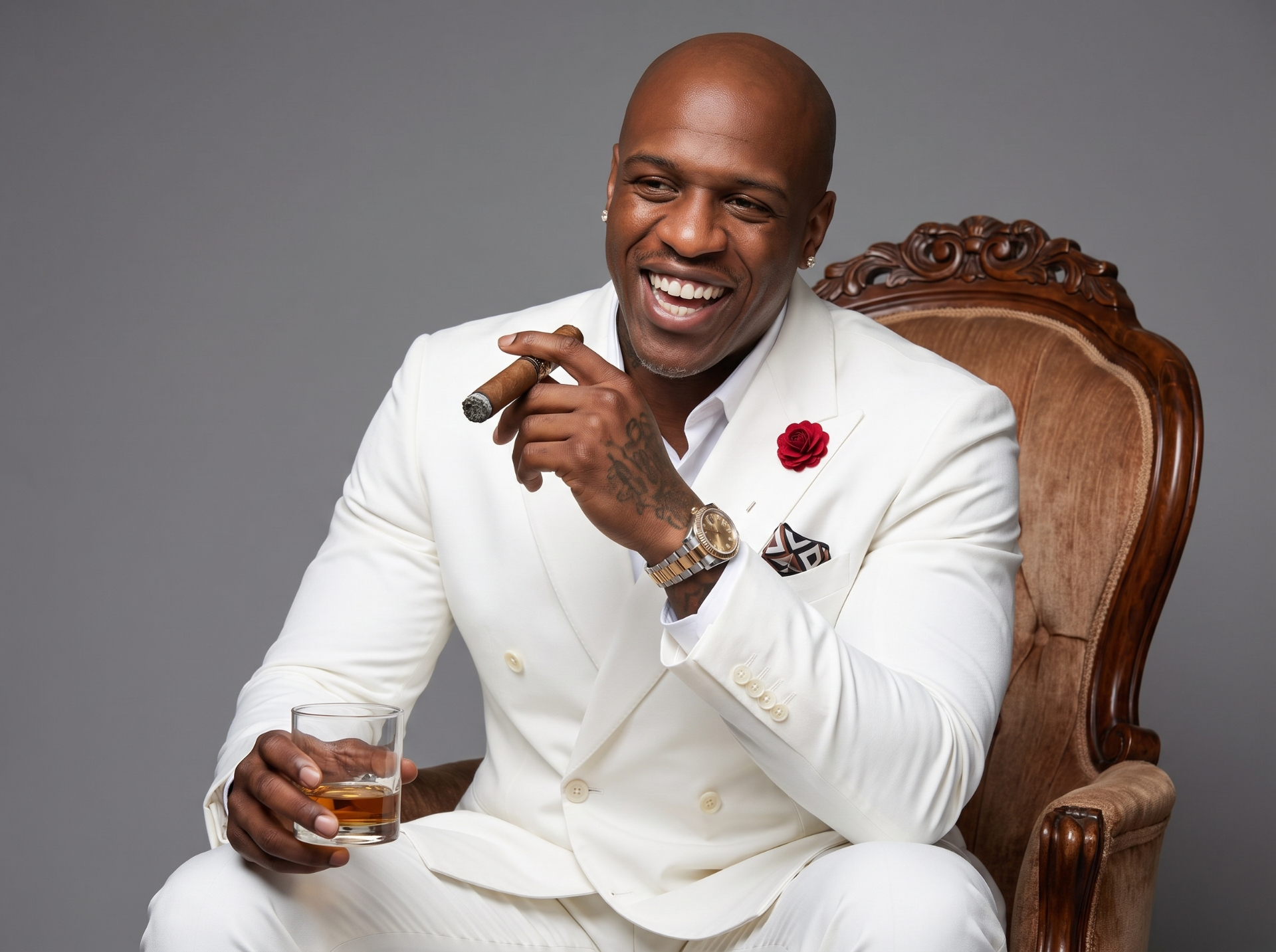 Editorial portrait of Rashad McCants in a white suit, laughing with a cigar and a glass of whiskey
