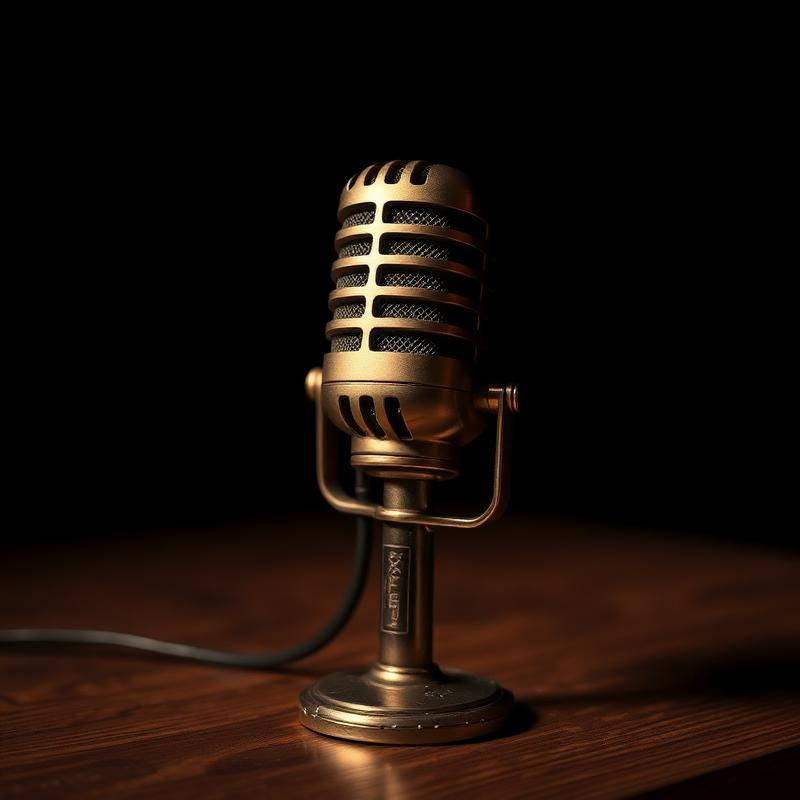 Vintage broadcast microphone on a walnut table