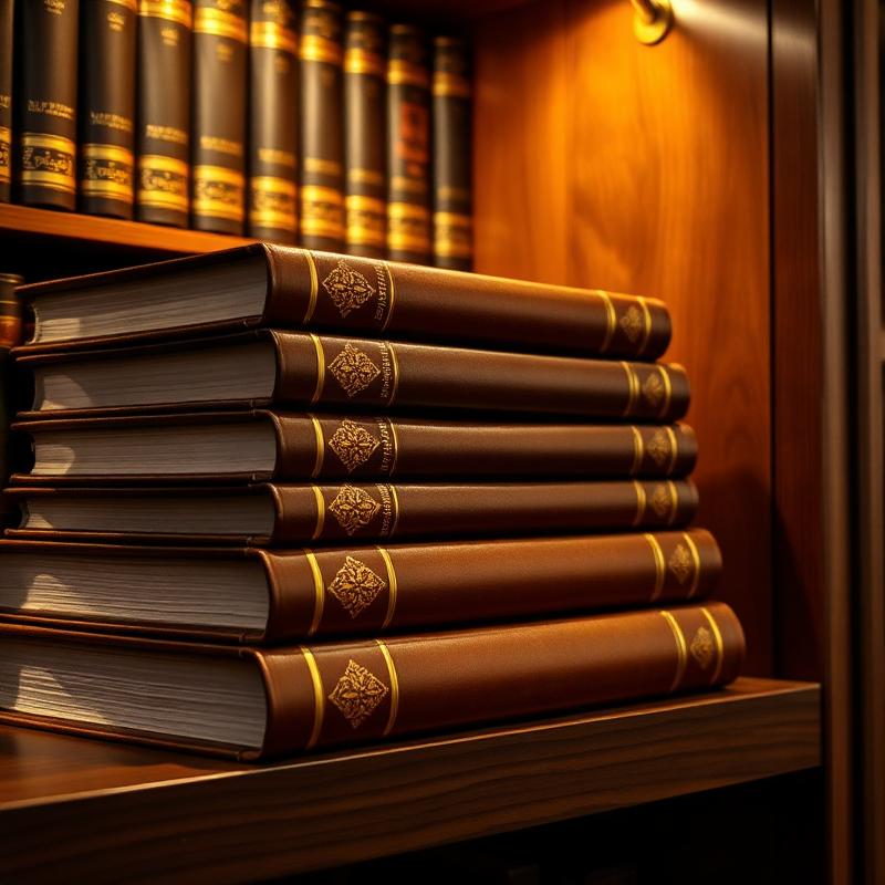Stack of leather-bound books with gold spines