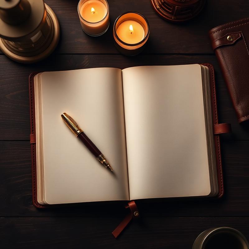 Open leather journal with a brass pen and candlelight