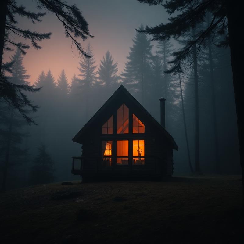 Secluded cabin glowing in a misty forest at dusk