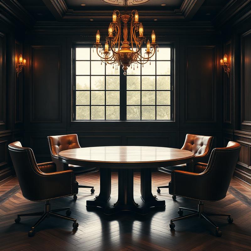 Round table with leather chairs beneath a chandelier