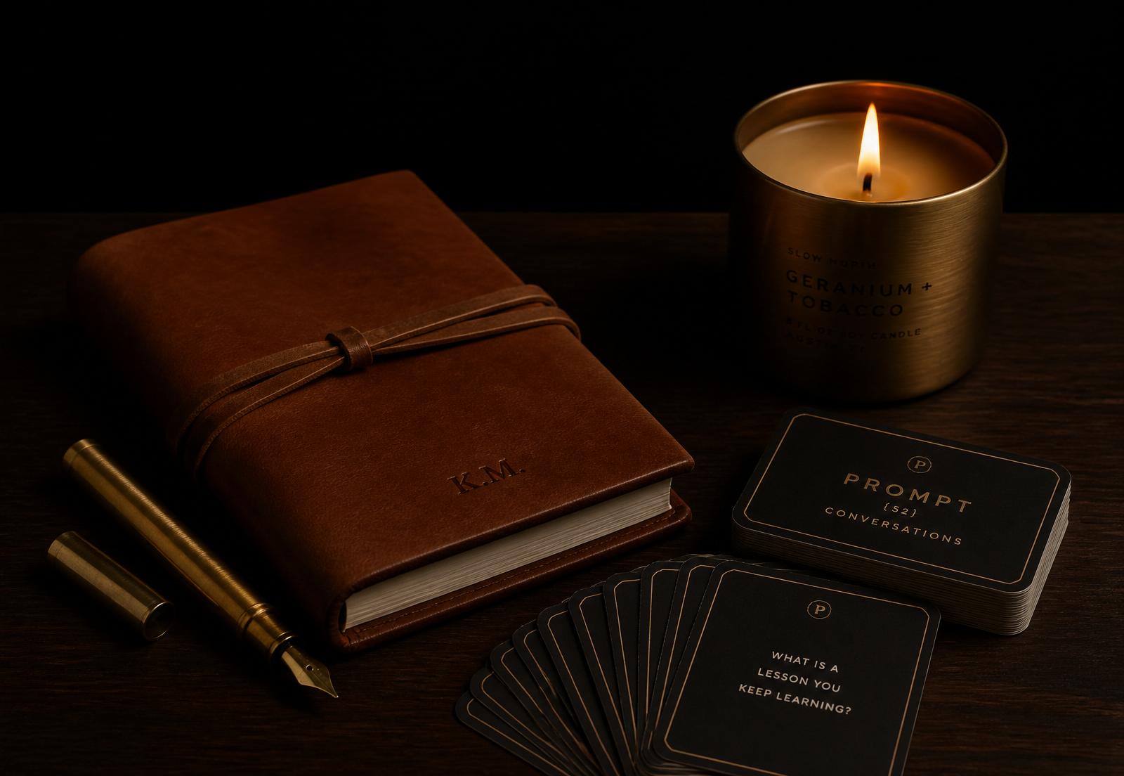 Reflect ritual products: leather journal, brass pen, candle, conversation cards